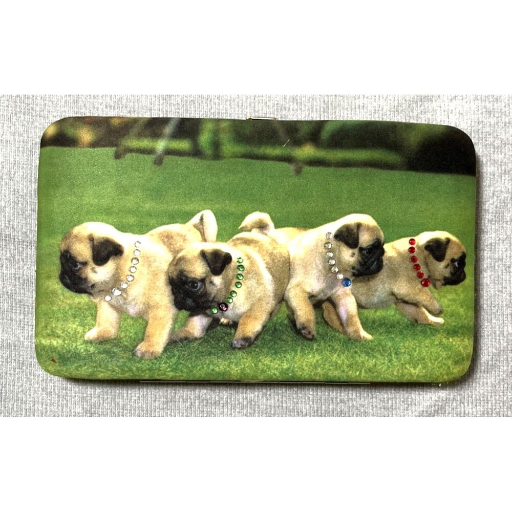 Pug Puppies Wallet Rhinestone Bling Collars Snap Frame Wallet Clutch Checkbook